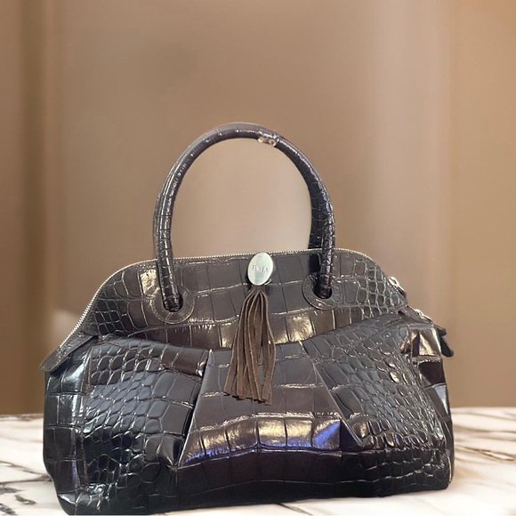 Gorgeous Authentic Vintage Brown FURLA Croc Bag/ purse, Inside immaculat… - Picture 2 of 6